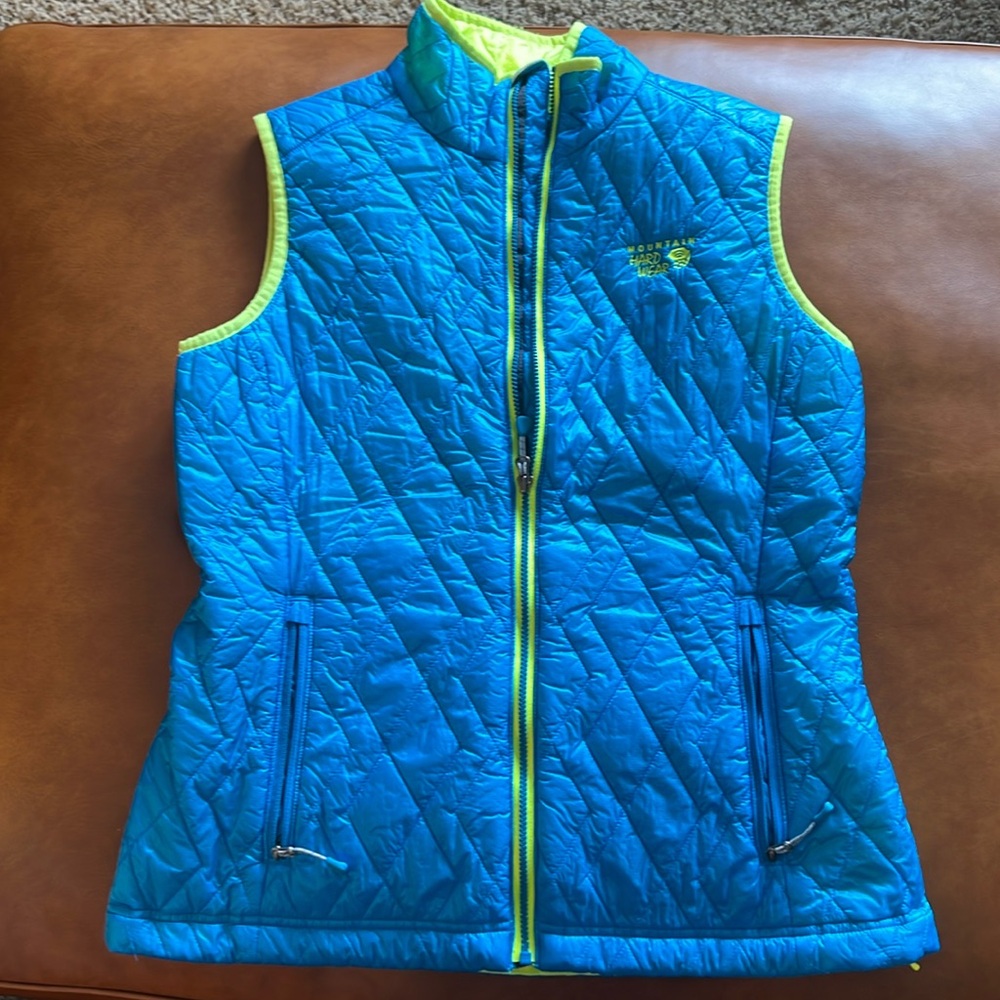 Mountain Hardwear women’s down vest, medium, blue/yellow